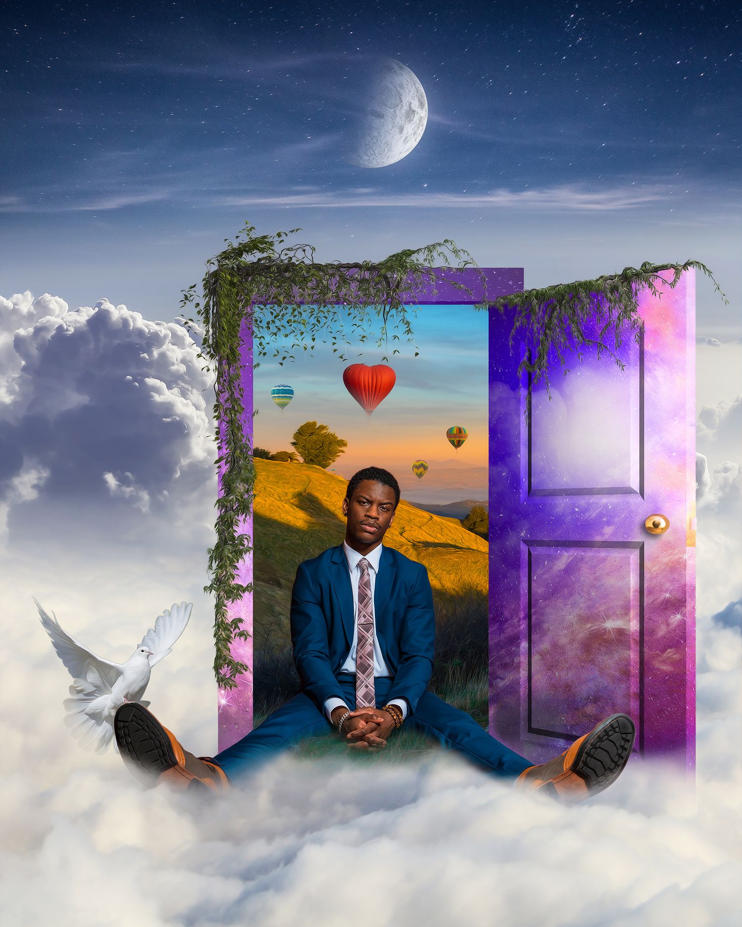Surreal doorway scene in clouds with doves and vines framing a magical portal.