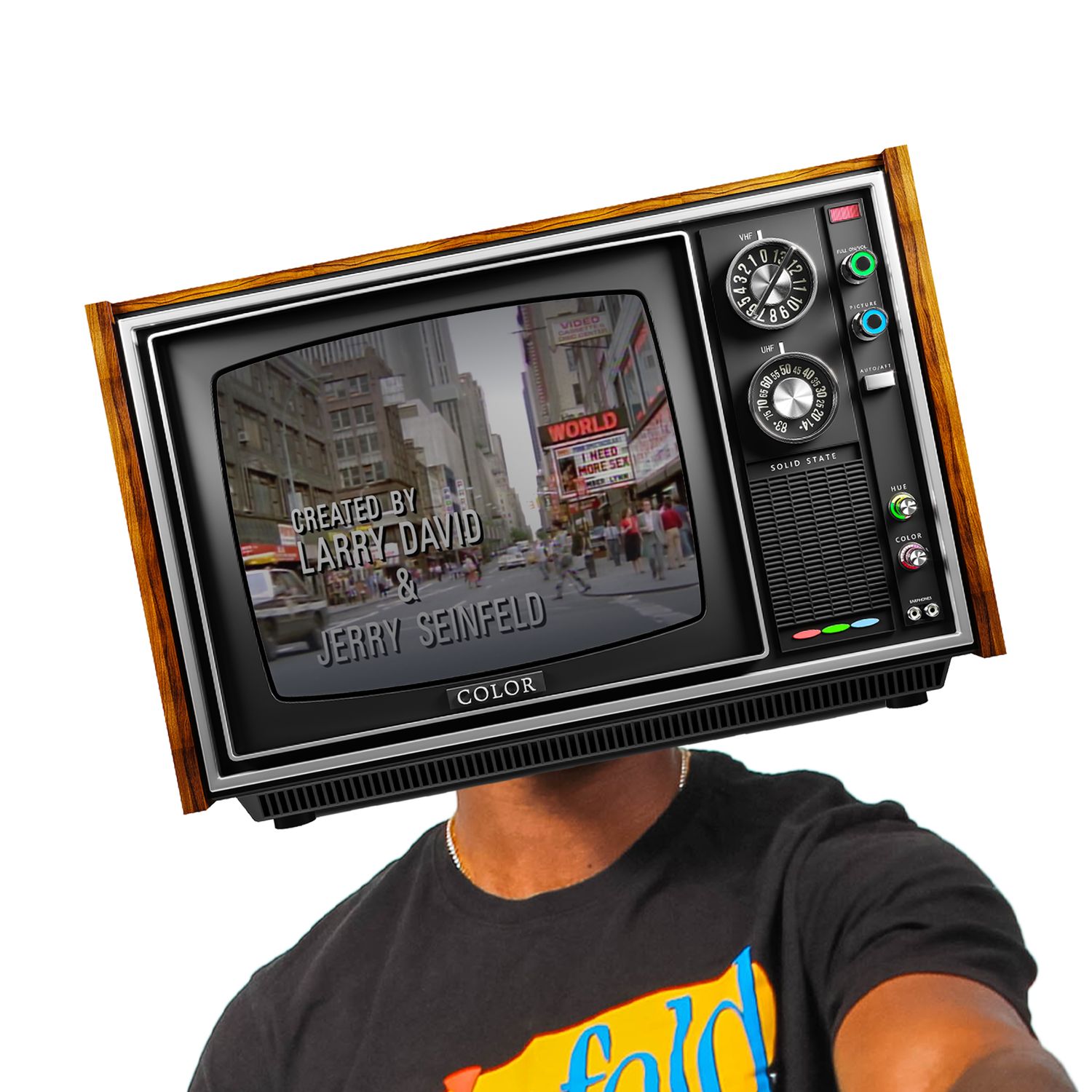 Retro wooden TV set displaying vintage city street scene with neon signs.