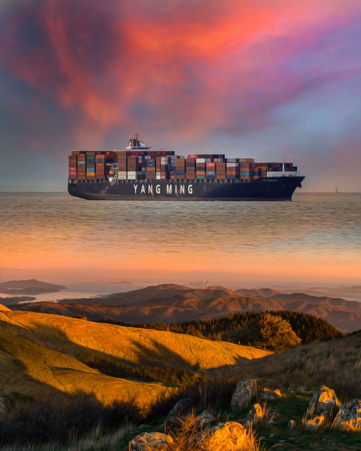 Large cargo ship floating above mountains at sunset with dramatic orange sky and clouds.