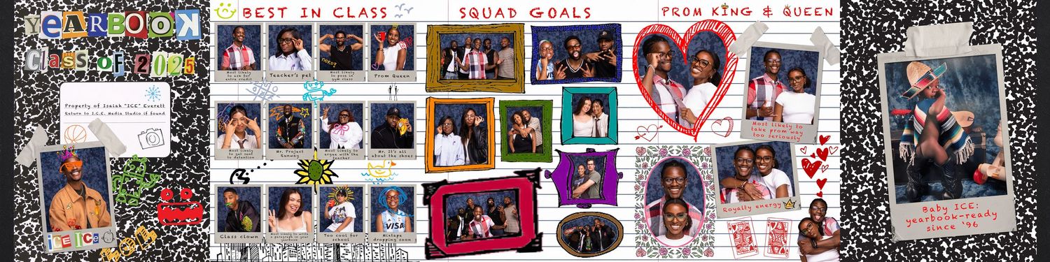Colorful school yearbook collage with student photos, squad goals, and keep in class sections on notebook paper background.