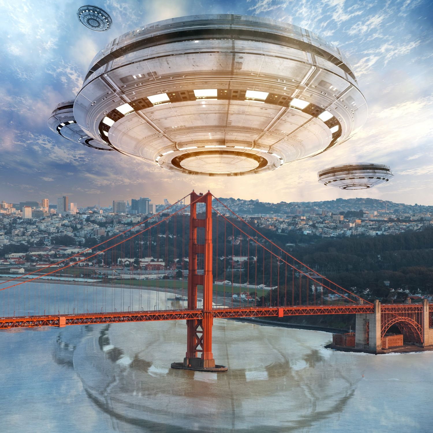 Science fiction scene of UFO spaceships hovering over the Golden Gate Bridge and San Francisco Bay.