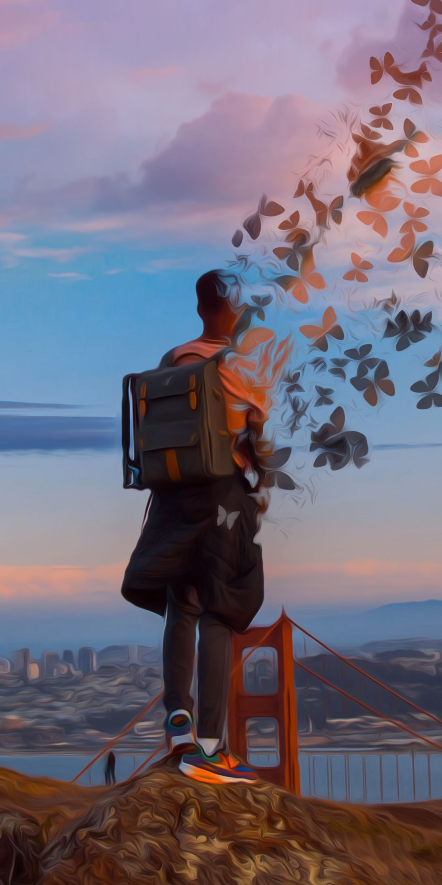 Silhouette against sunset sky with butterflies creating dreamy San Francisco cityscape.