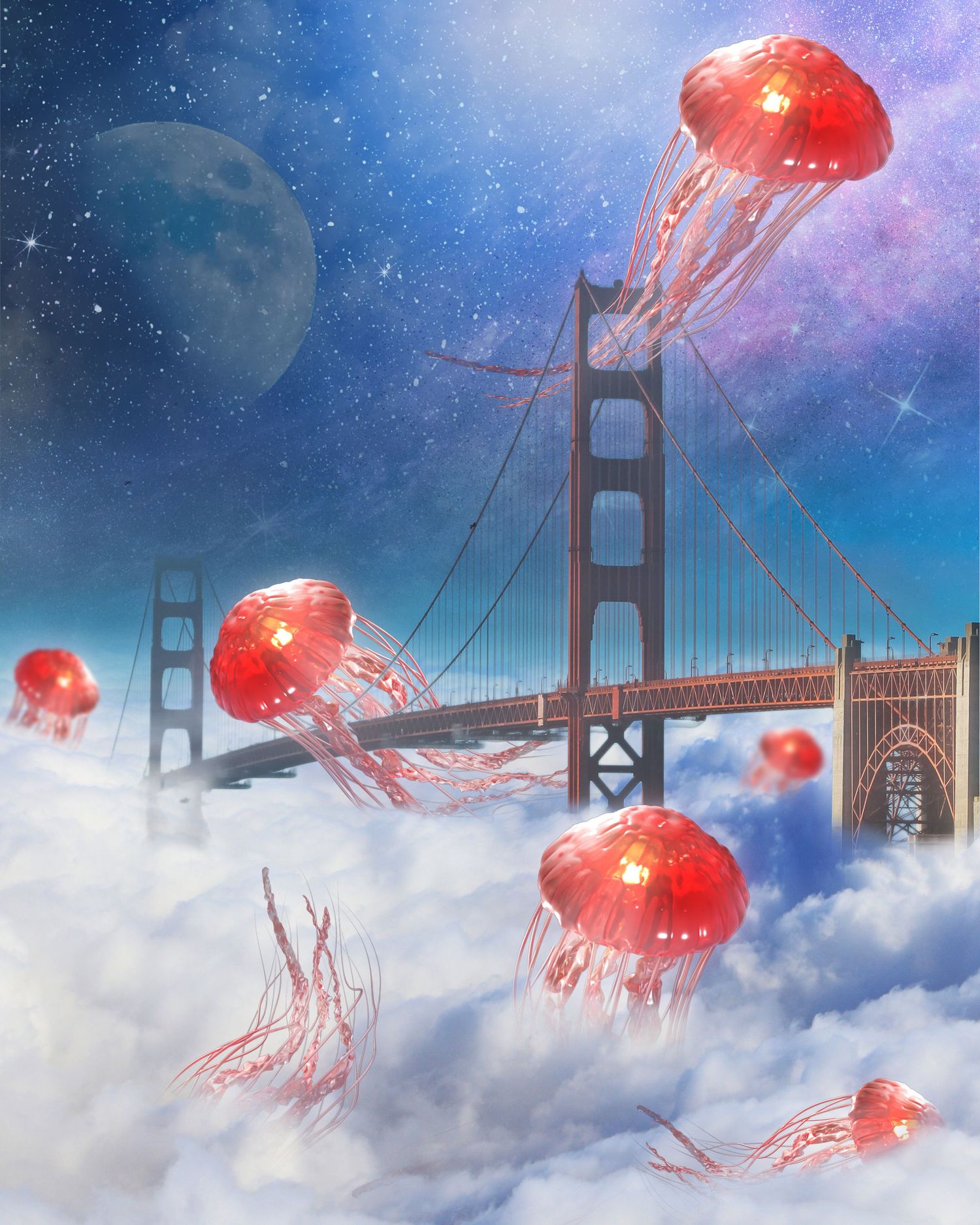 Surreal scene of glowing red jellyfish floating above Golden Gate Bridge in cloudy sky.