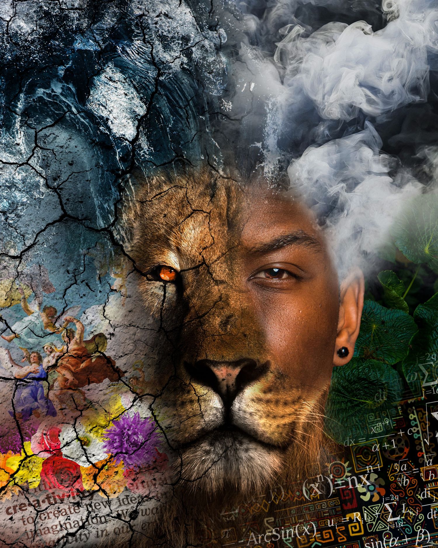 Creative double exposure portrait blending human features with a lion's face amid colorful smoke effects.