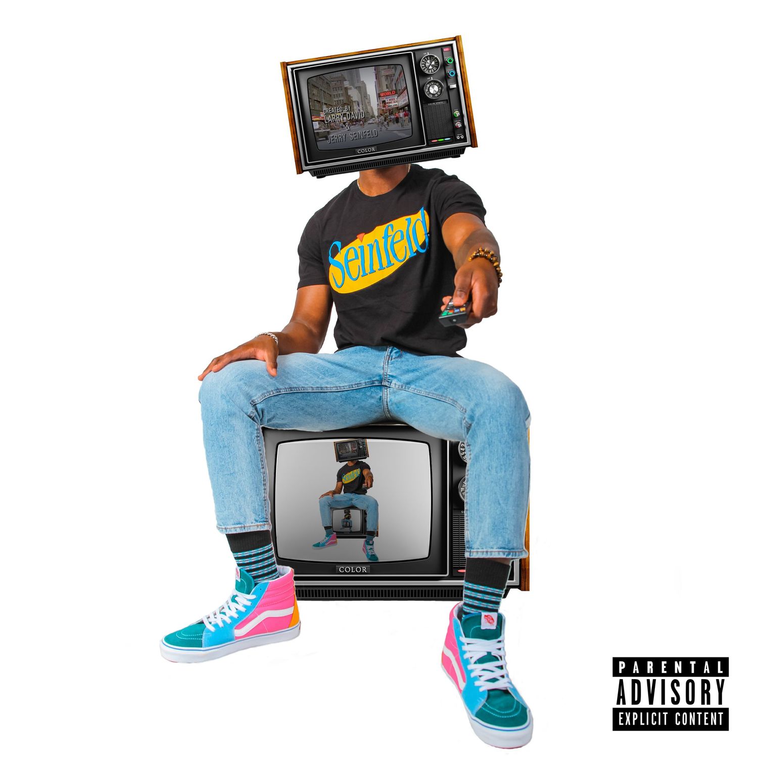 Retro-style album cover design featuring someone sitting on vintage TV sets in urban setting.