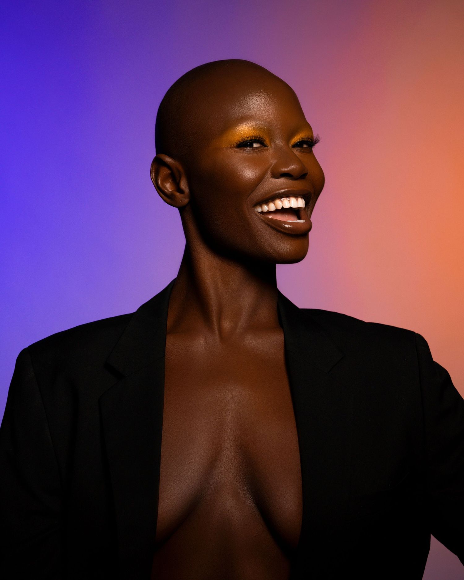 Artistic fashion portraits featuring dramatic poses in a black outfit against gradient lighting.