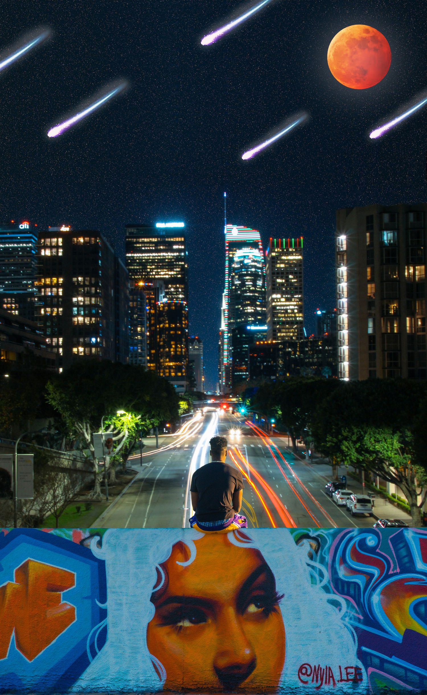 Urban street view with meteors and red moon over city skyline at night.