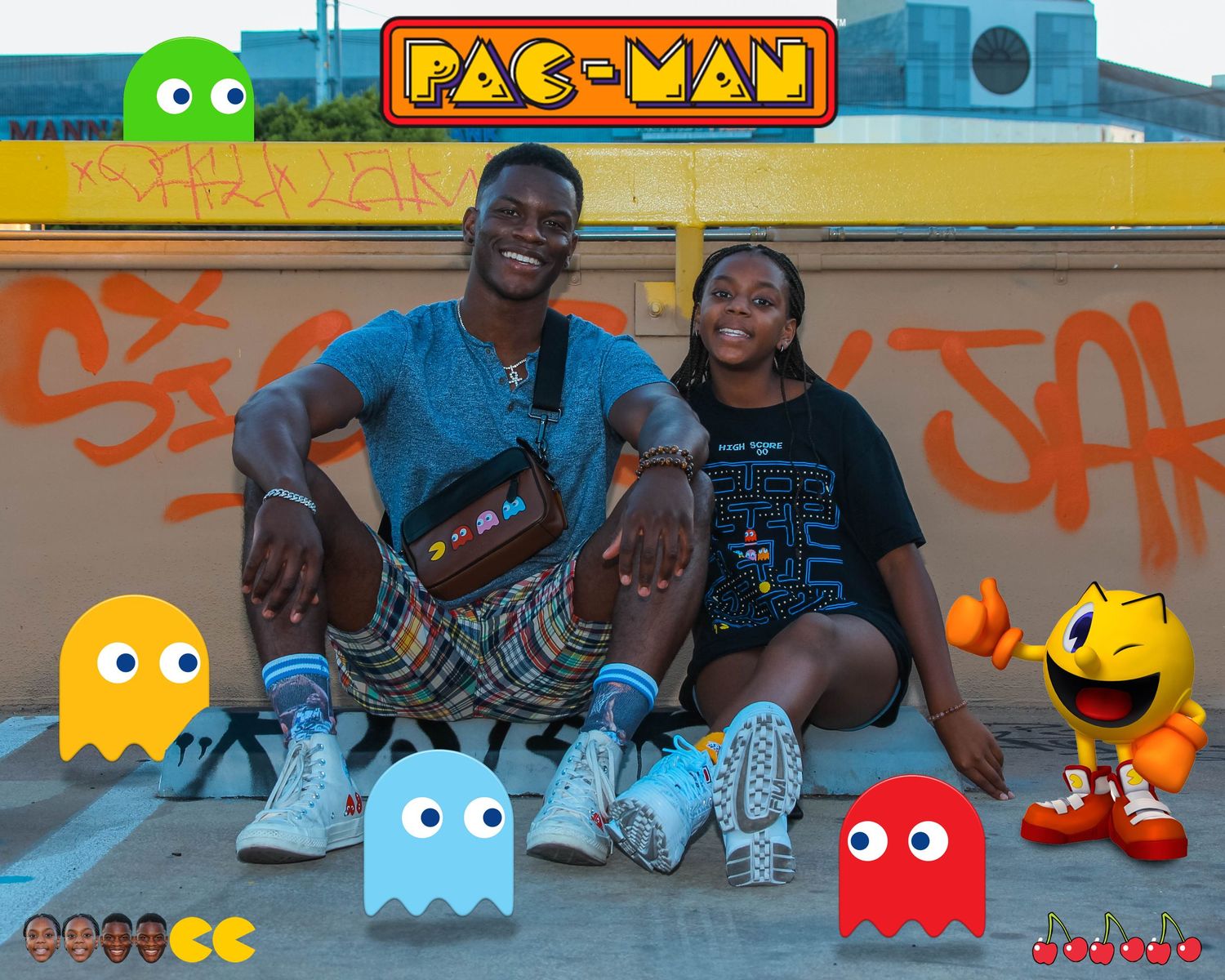 Pac-Man themed photoshoot with classic game characters and urban backdrop.