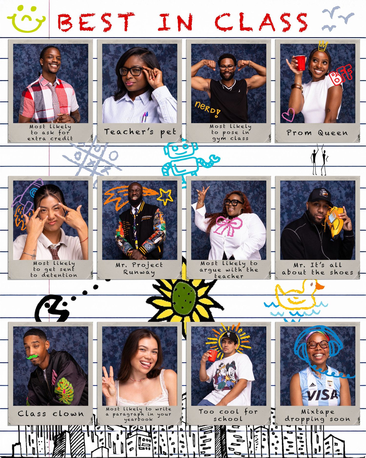 Colorful Best in Class yearbook-style collage featuring 11 diverse students with fun superlatives like Prom Queen and Class Clown.