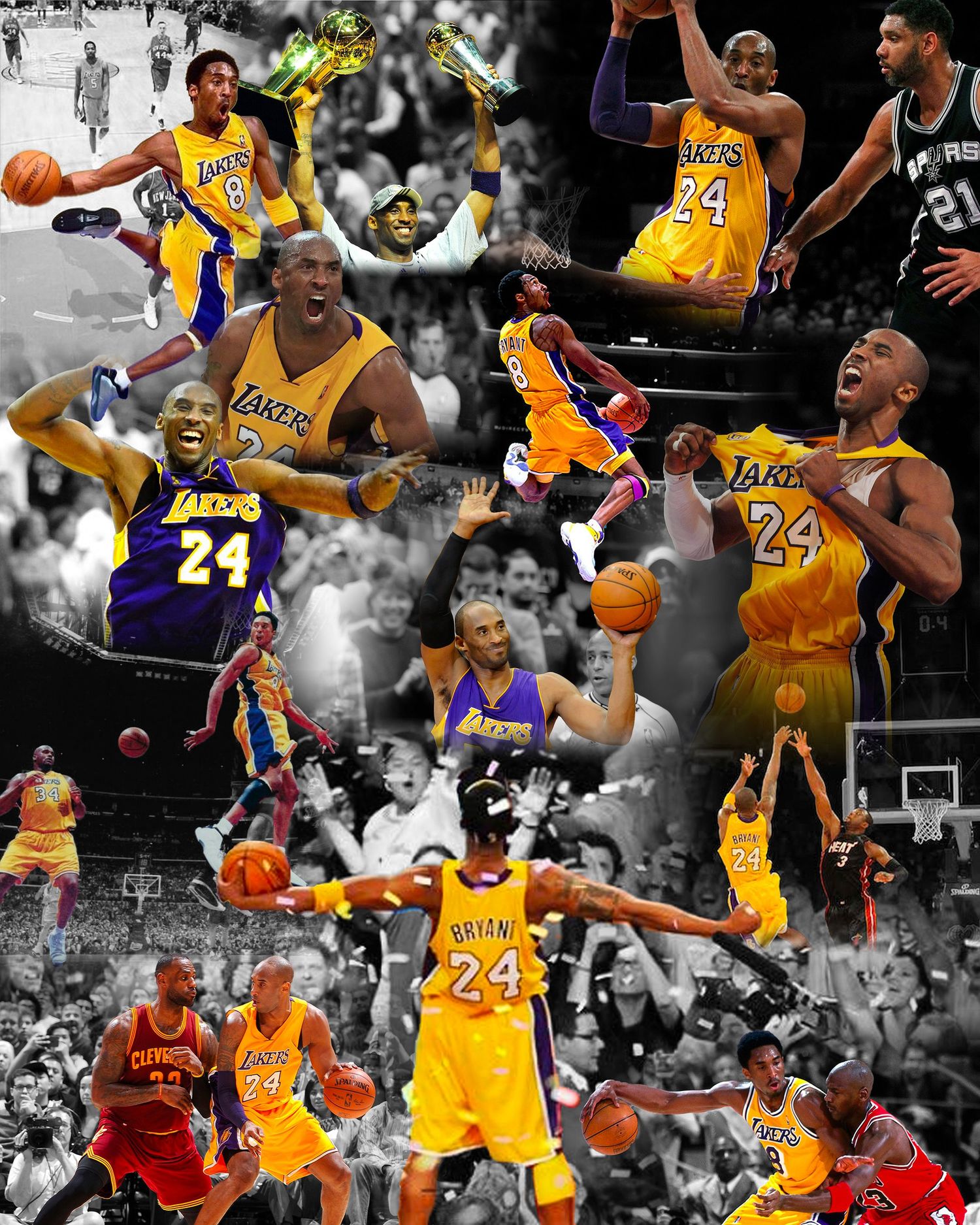 Collage of basketball action shots featuring Lakers players in yellow jerseys making dynamic plays.