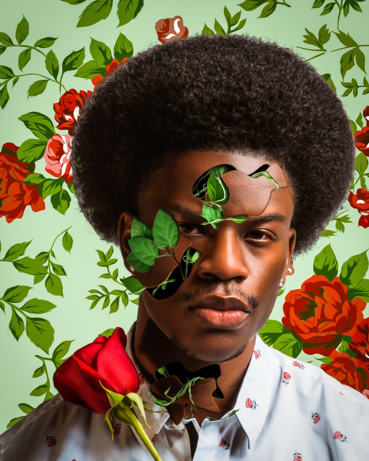 Creative portrait incorporating green butterflies and red roses against a botanical background.