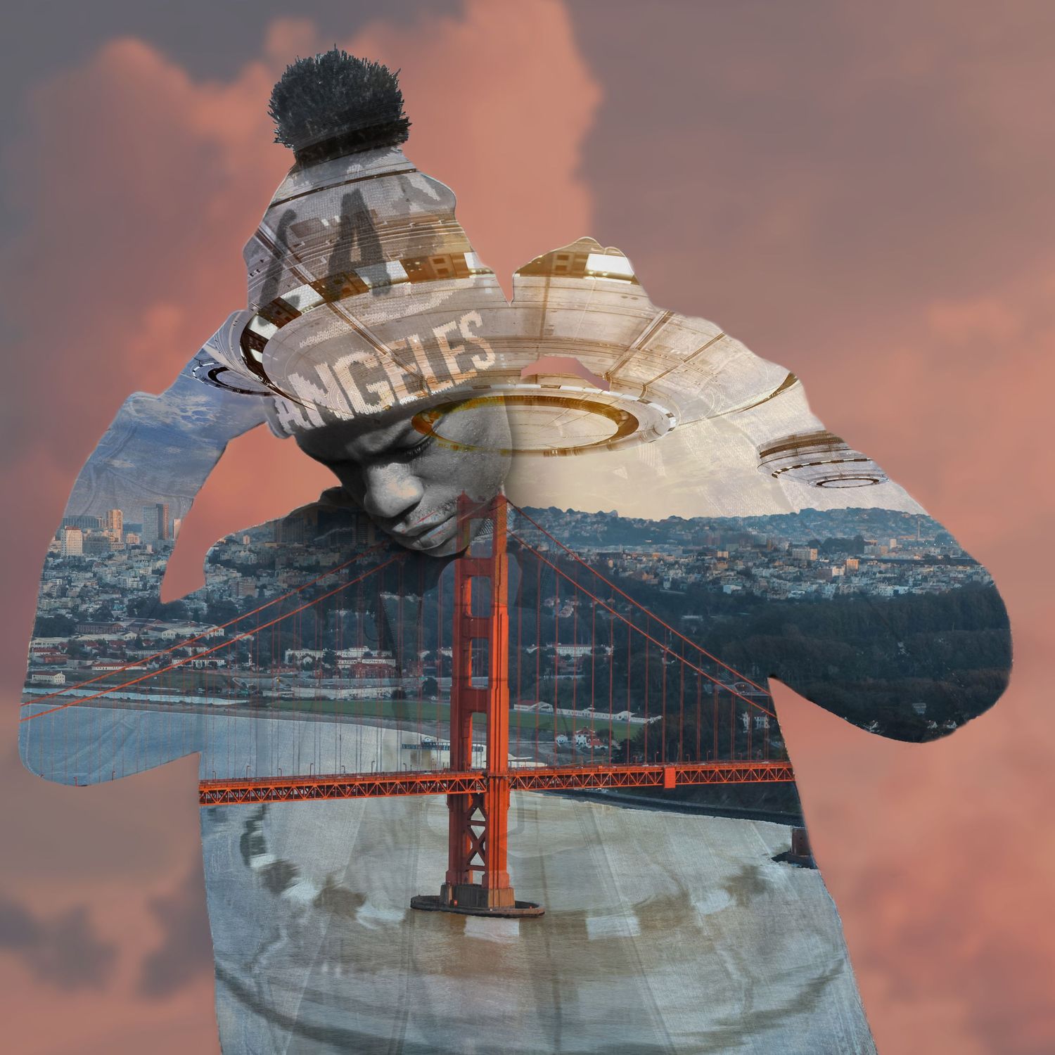 Double exposure silhouette of a figure merged with the Golden Gate Bridge and San Francisco skyline.