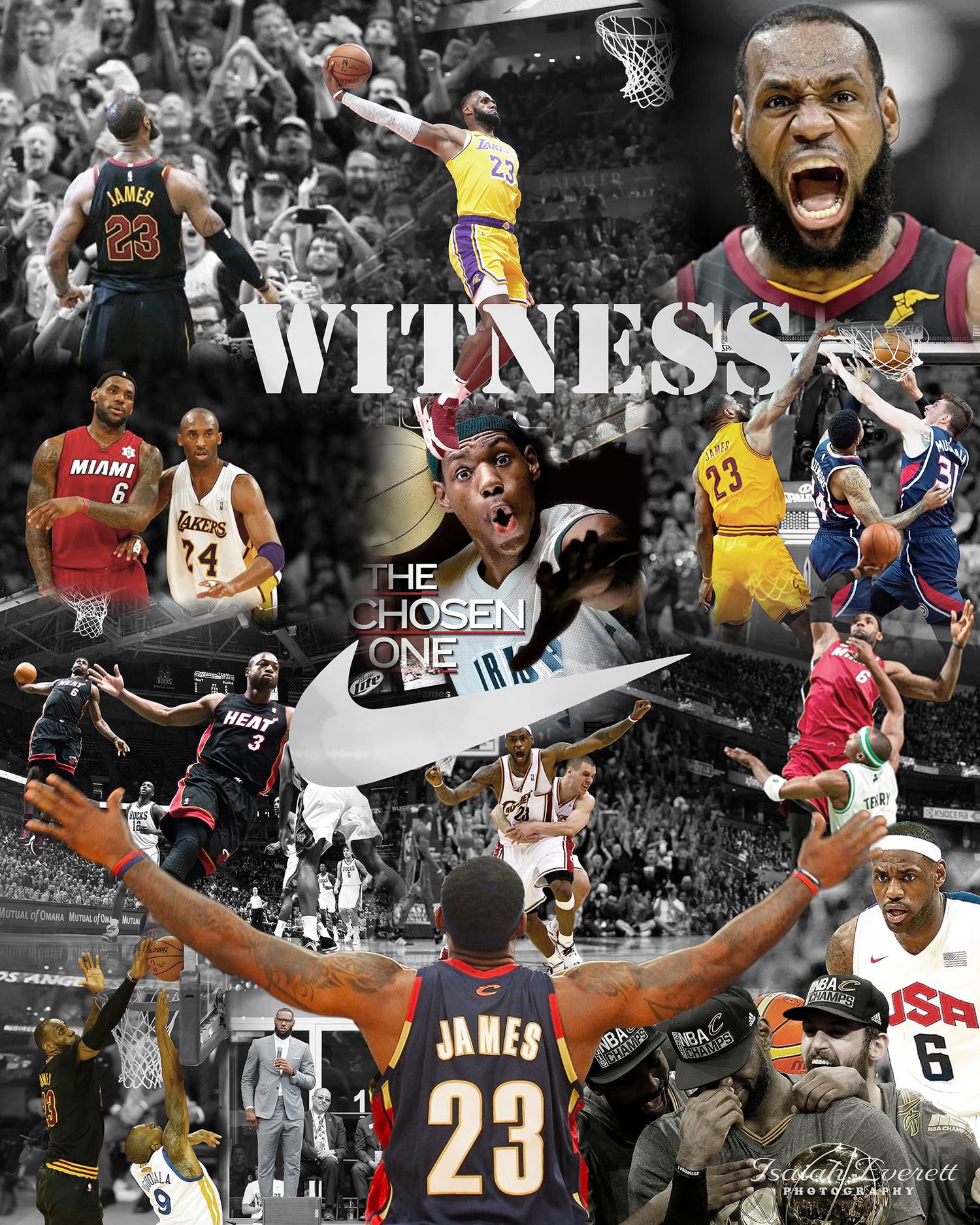 Basketball montage showing various game moments and celebrations in black and white with color highlights.