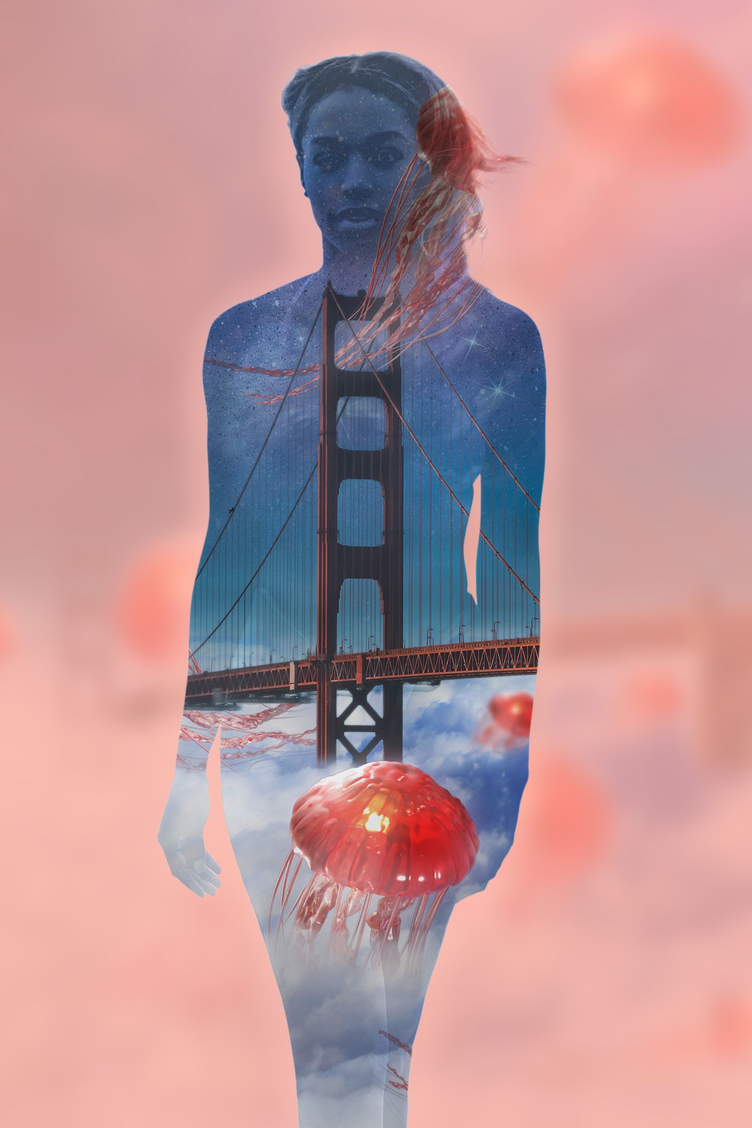 Double exposure artwork combining Golden Gate Bridge with ethereal silhouette in pink and blue tones.