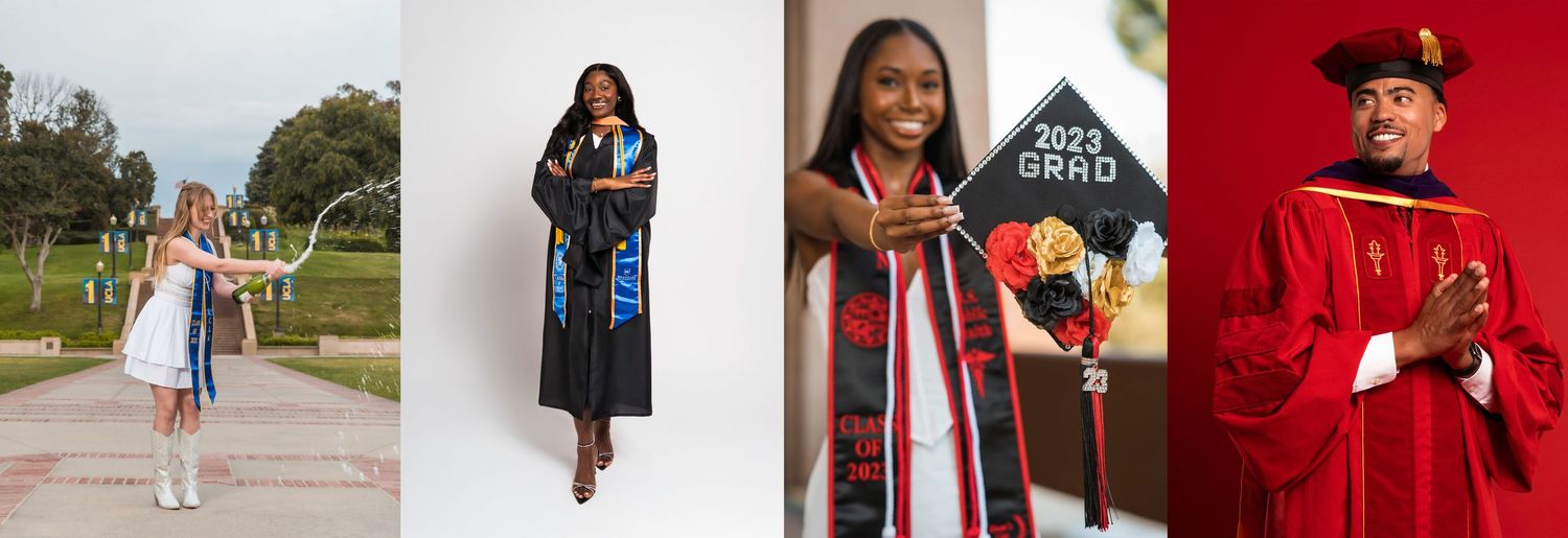 Four college graduates pose proudly in caps, gowns, and decorated stoles celebrating their academic achievements.