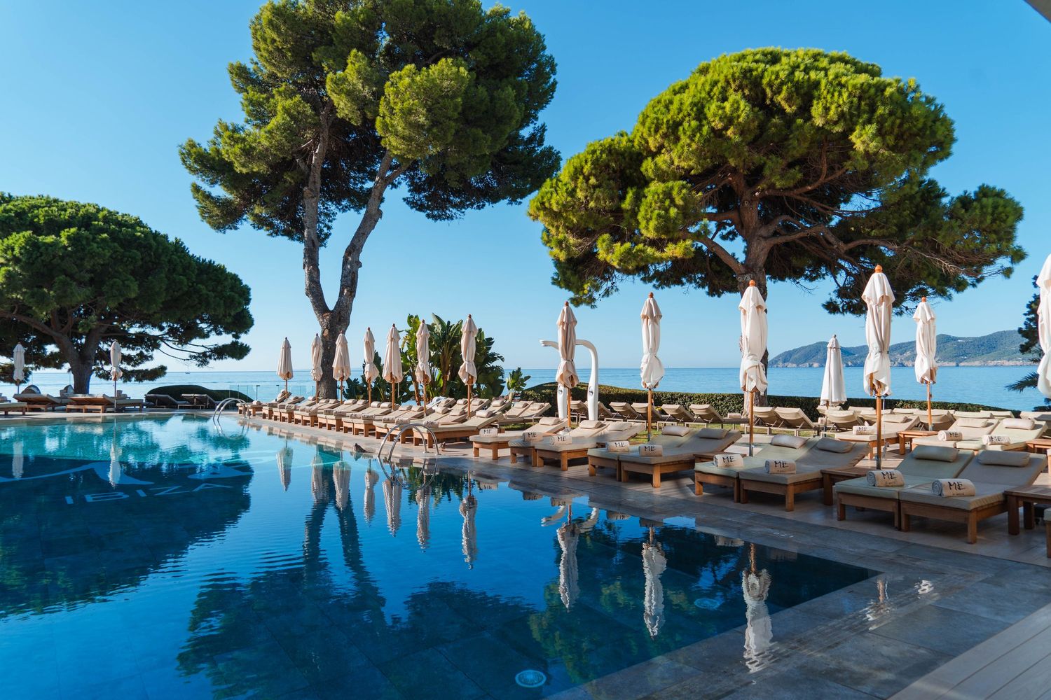 Luxury poolside lounge area surrounded by pine trees overlooking a scenic ocean view.