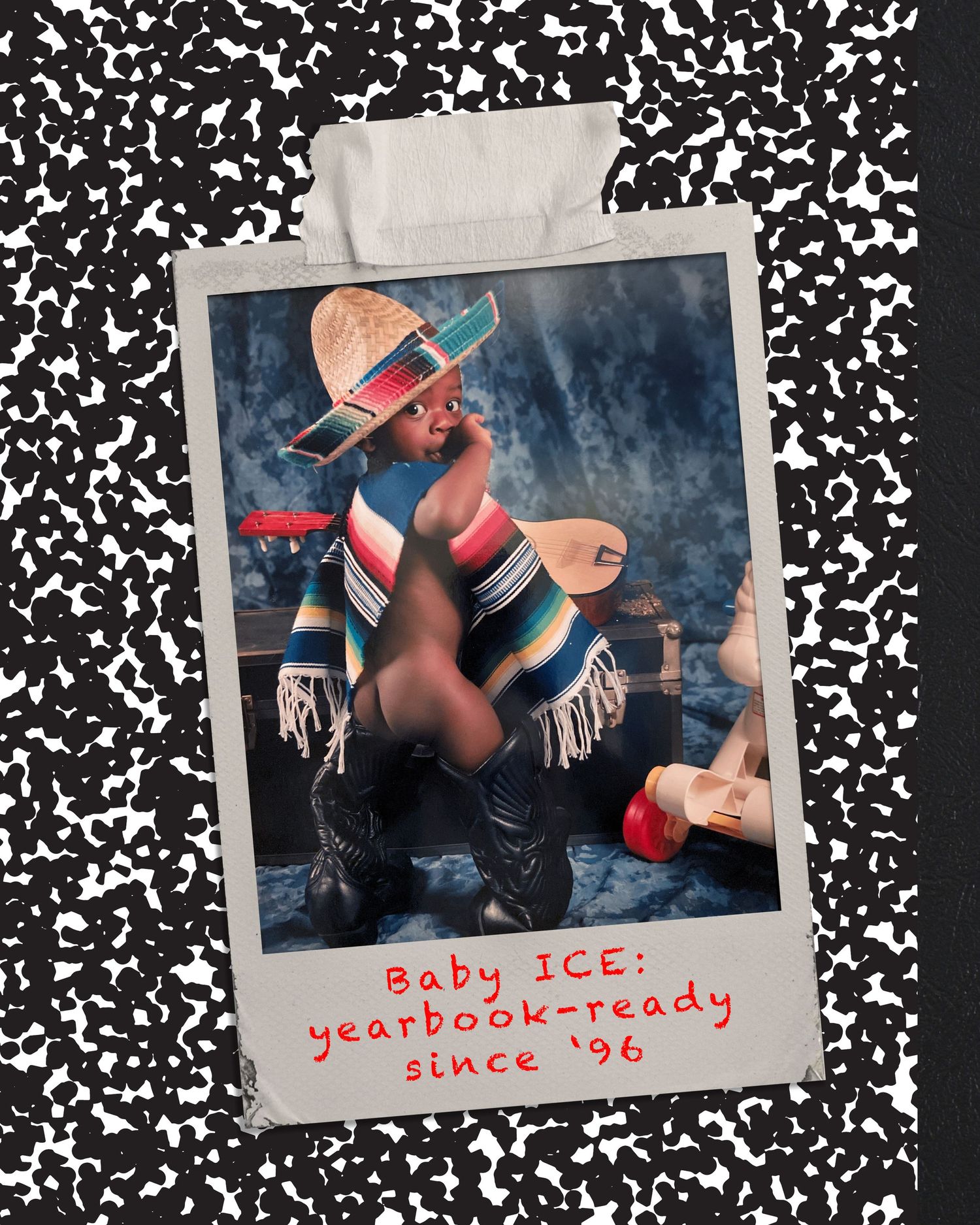 Polaroid photo of a person in colorful serape and sombrero with cowboy boots on a black and white speckled background.