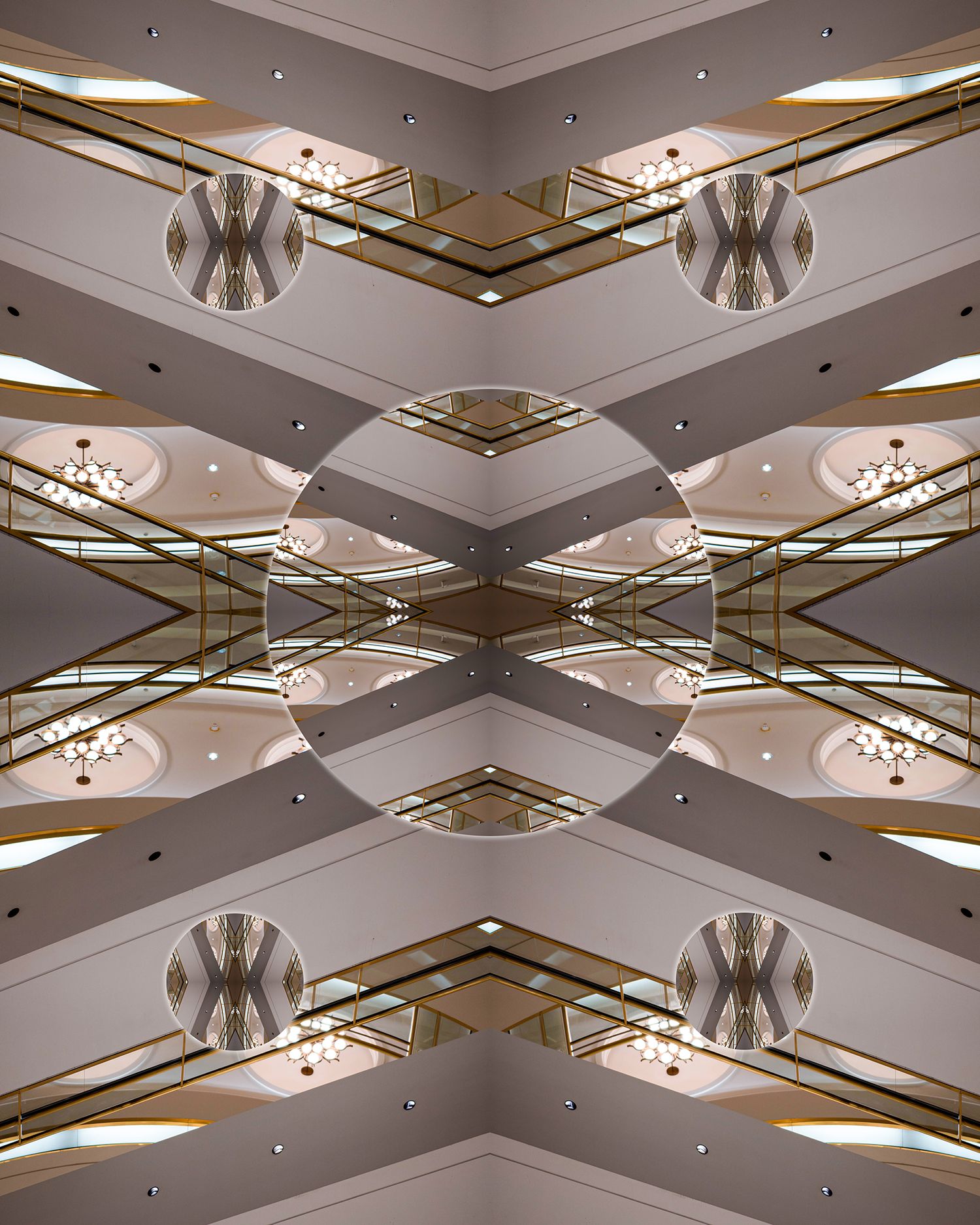 Symmetrical architectural pattern of modern ceiling with geometric lights and reflective surfaces.