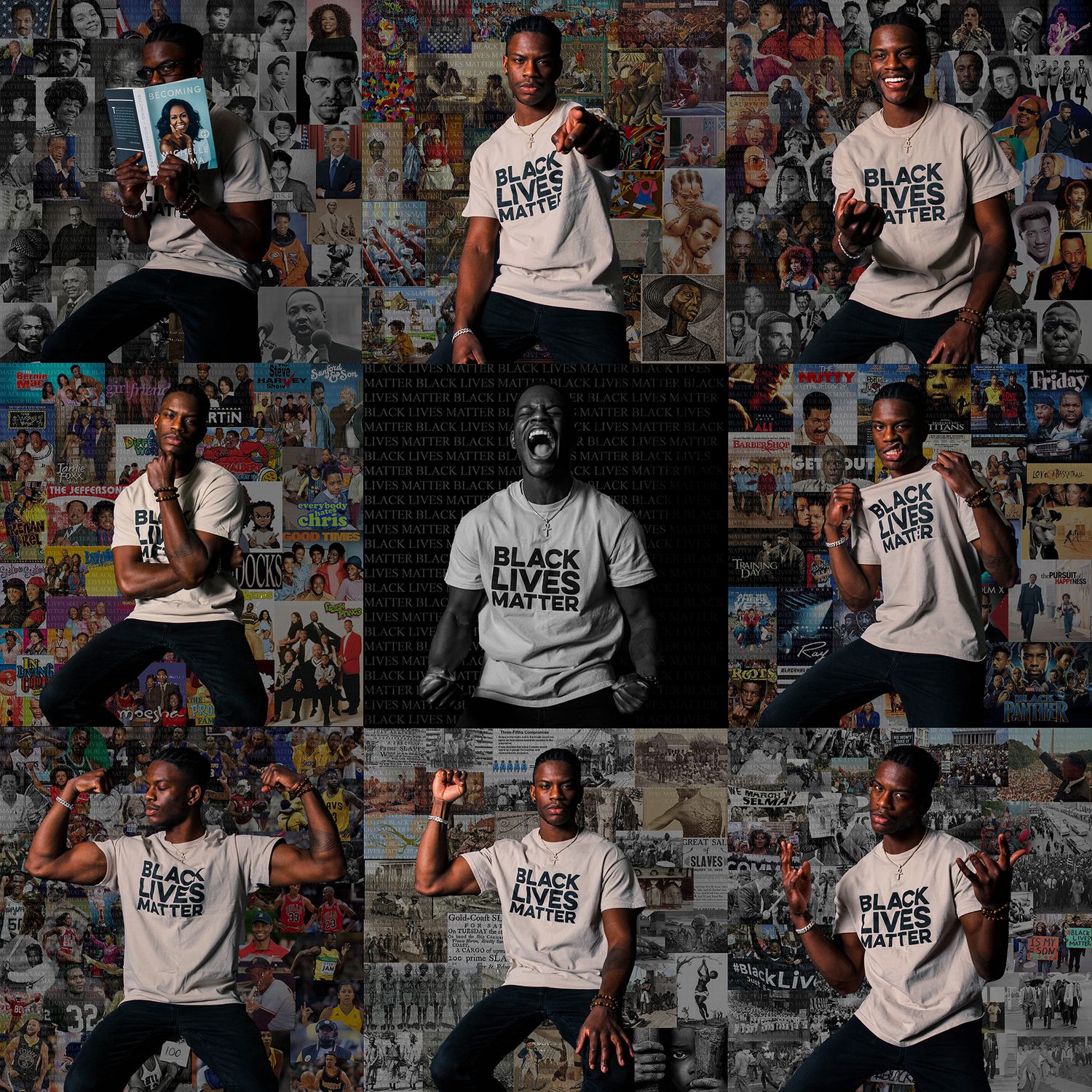 Collage of nine photos showing social justice messaging and activism.