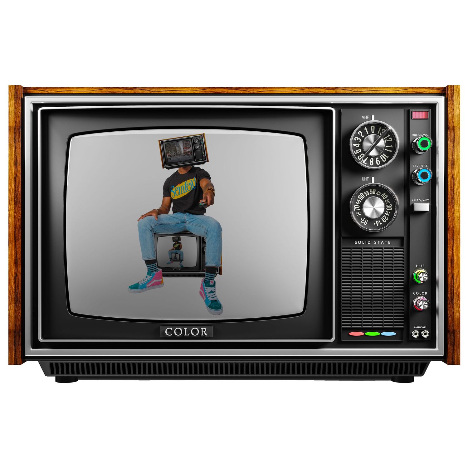 Vintage TV set showing figure with TV head wearing bright sneakers.
