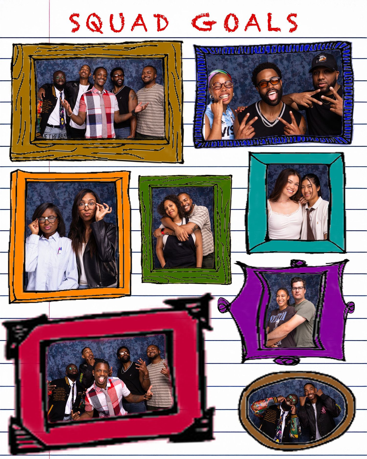 Colorful collage of group photos labeled Squad Goals featuring friends posing together in decorative frames on lined paper background.