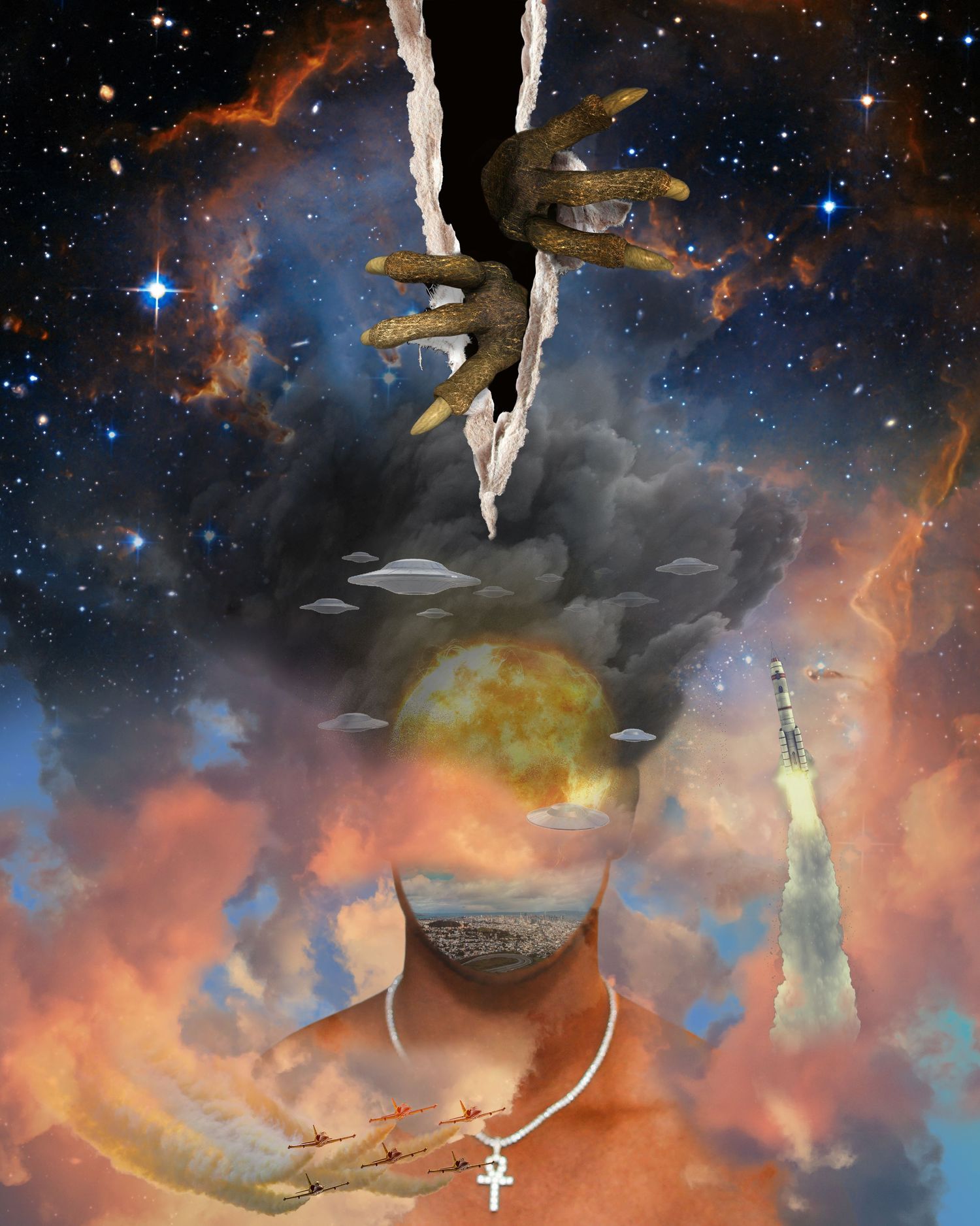 Surreal cosmic portrait with hands reaching through clouds and stars in a mystical space setting.