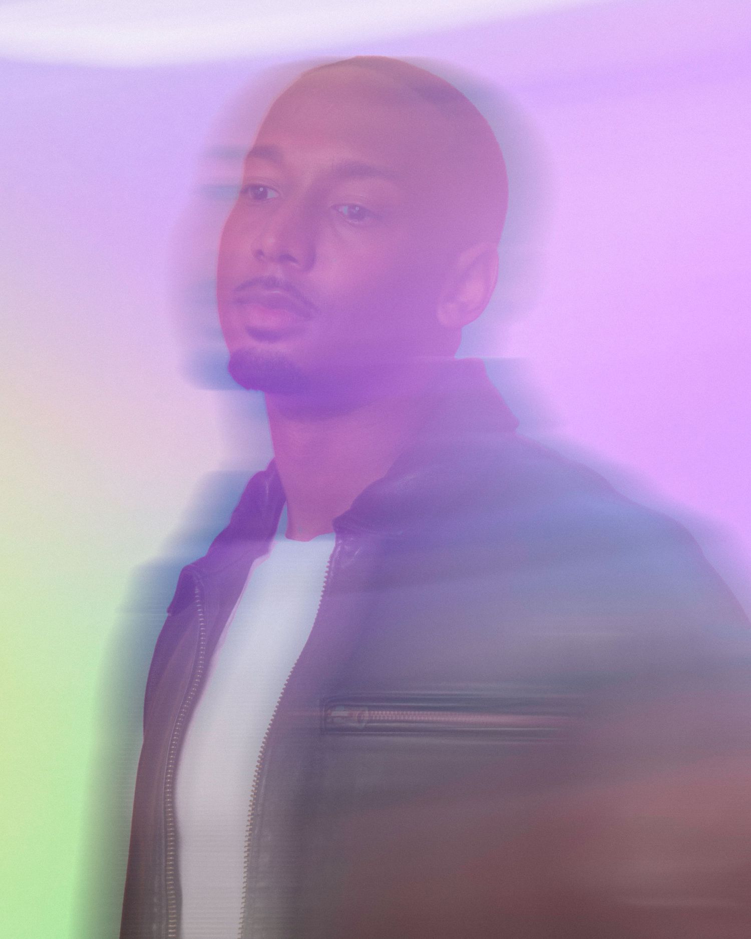 Artistic portrait series with purple lighting and motion blur effects.