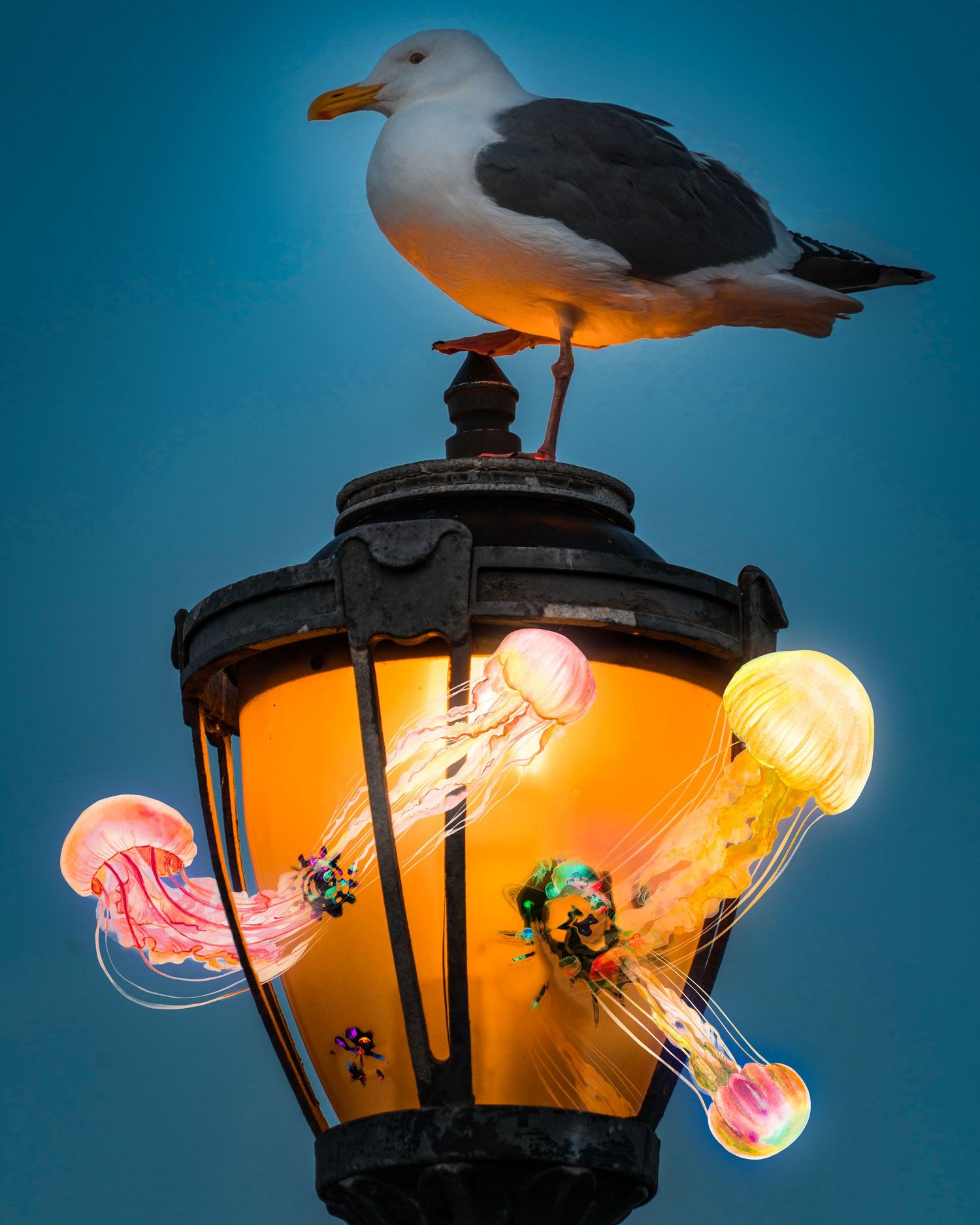 Seagull perched on glowing orange lantern with jellyfish designs against blue background.