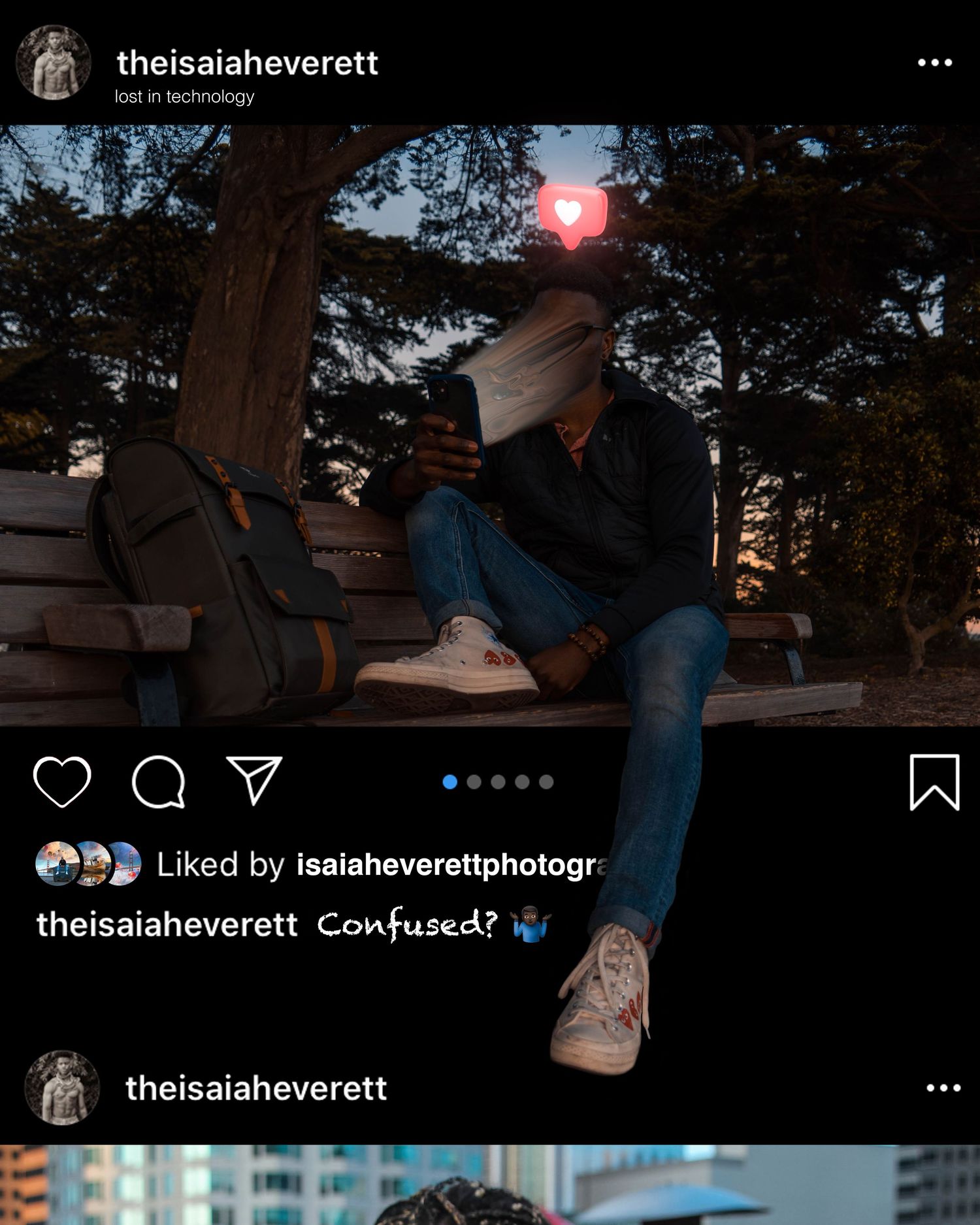Social media interface showing photo gallery layout with interaction buttons and likes.