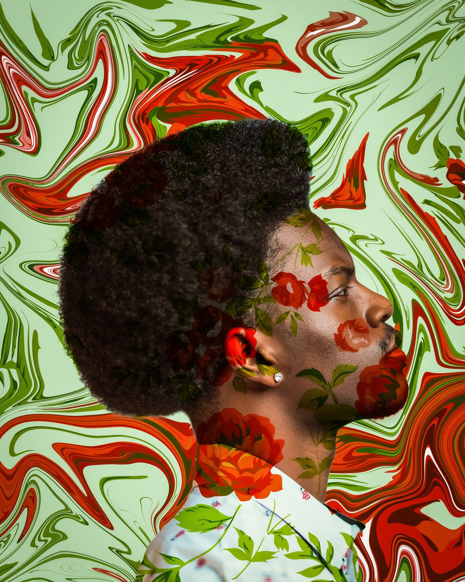 Artistic profile portrait with swirling red and green abstract patterns and floral elements.
