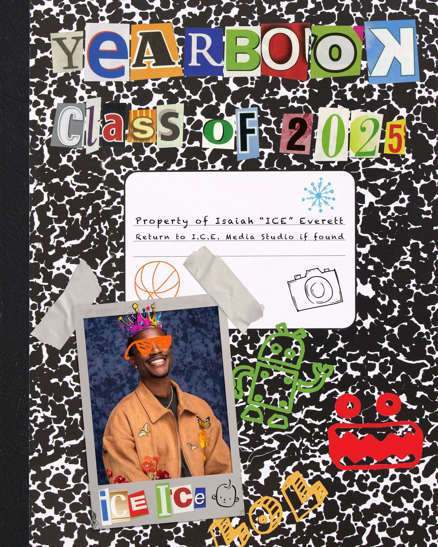 Yearbook Class of 2025 composition notebook cover featuring a photo of a young man in an orange jacket with colorful decorations.