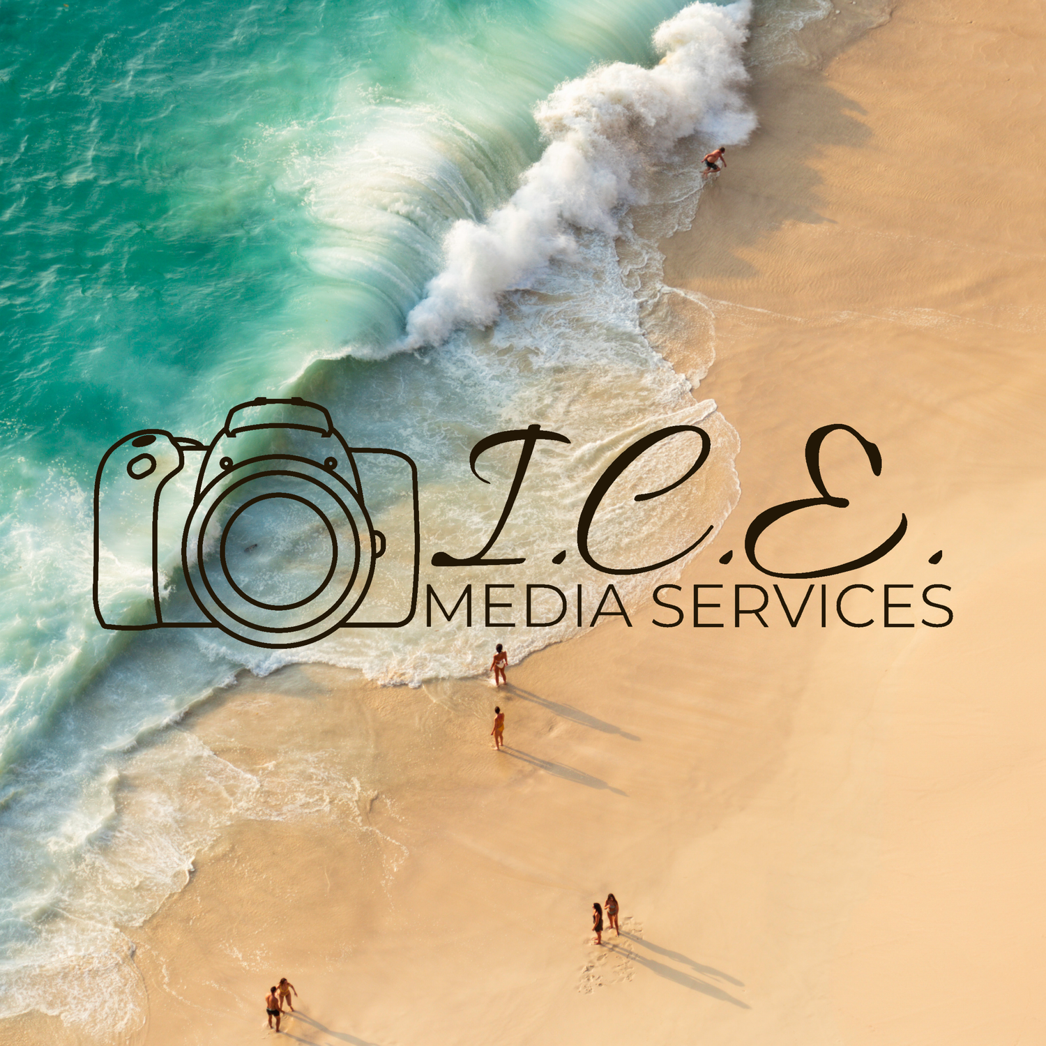 Aerial beach photography with ICE Media Services logo overlaid on turquoise ocean and sand.