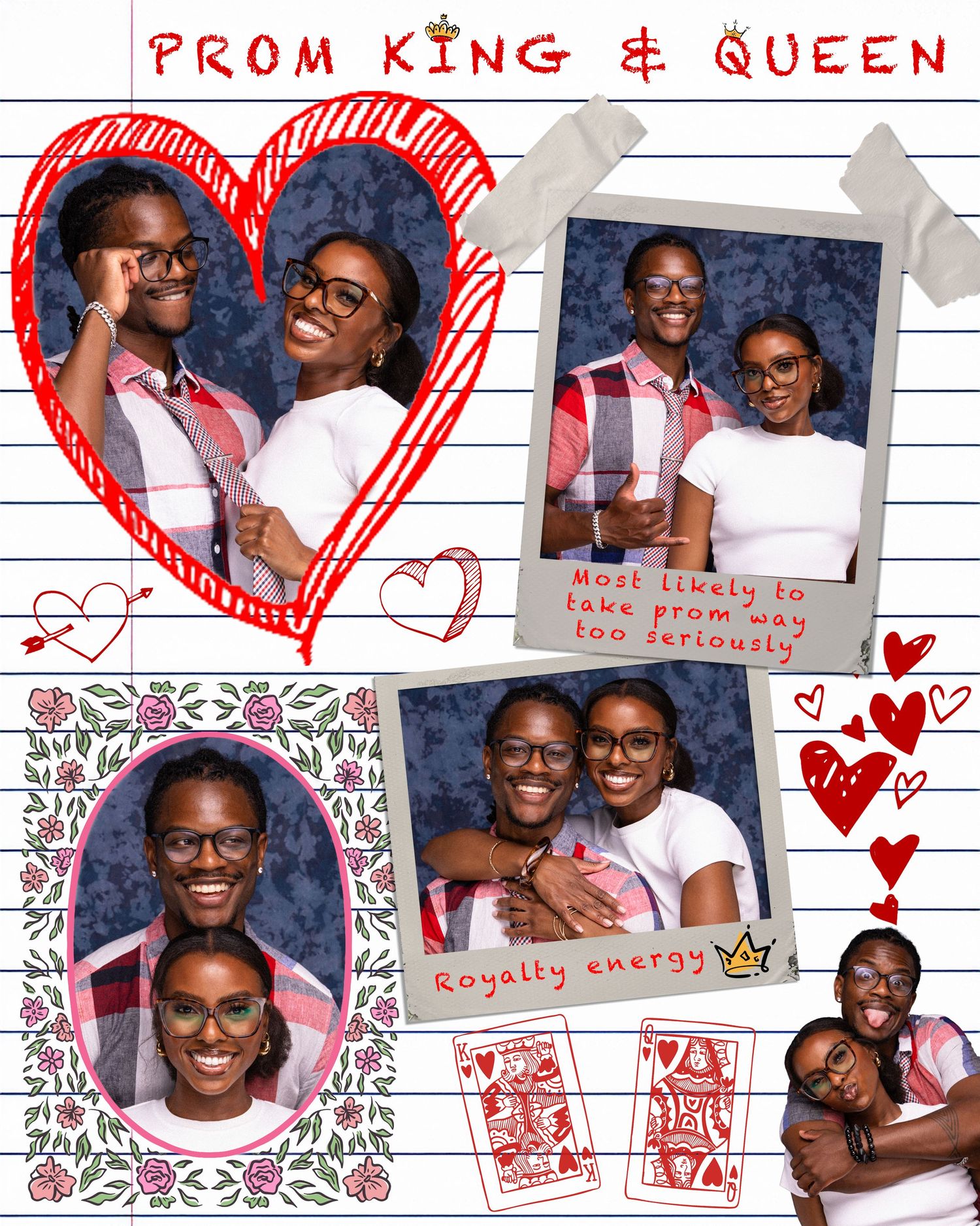 Prom King and Queen photo collage featuring two teens in formal wear with hearts, crowns, and playful captions on notebook paper.