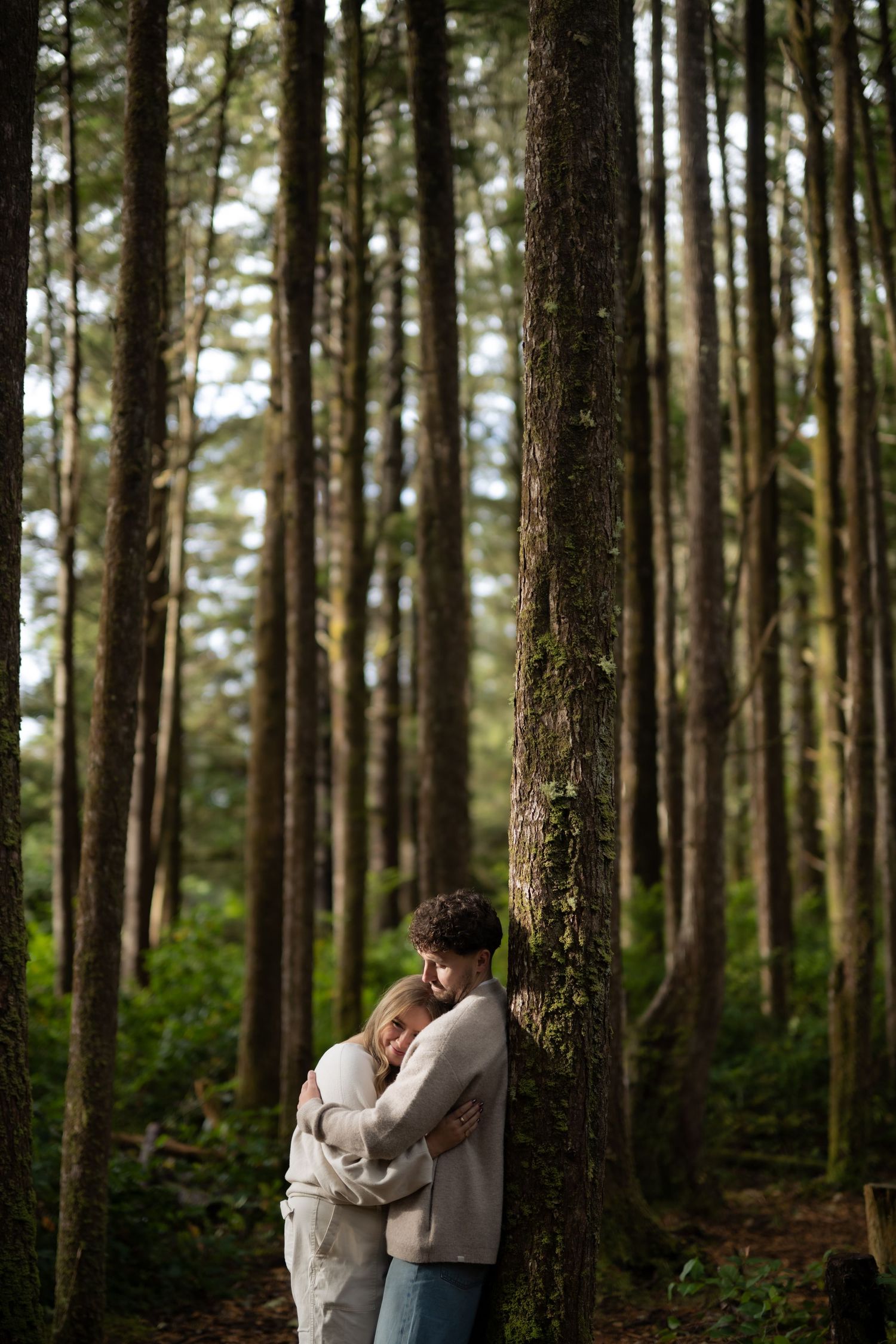 A romantic embrace between two people wearing light colored sweaters in a serene pine forest setting.