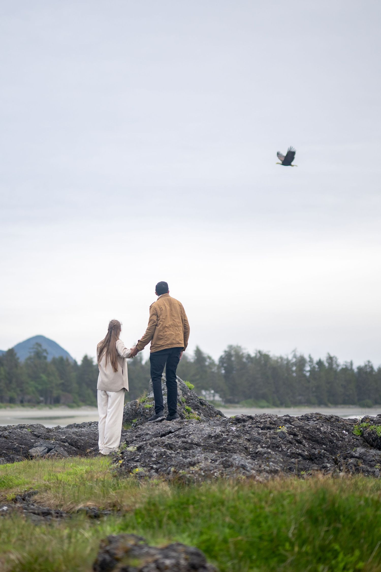 Silhouettes walking along rocky coastal path with eagle soaring overhead.