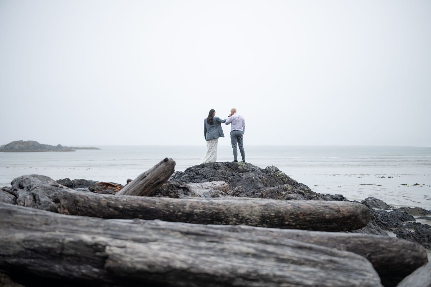 Misty coastline with driftwood logs scattered along a rocky beach on a foggy day.