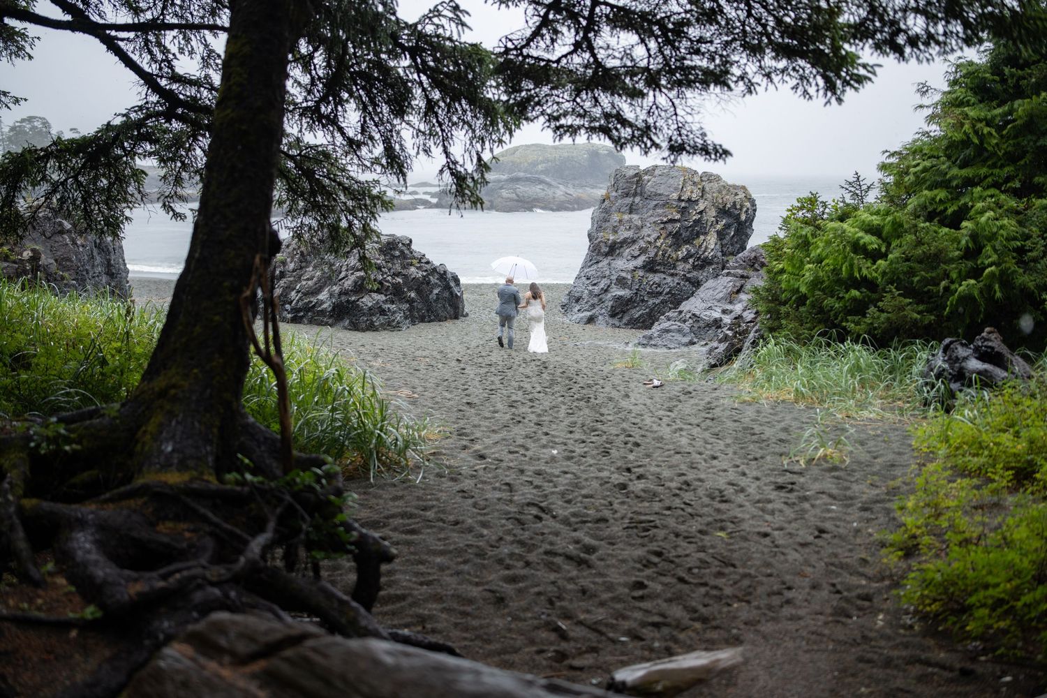 Two figures stand between coastal rocks on a foggy beach framed by evergreen trees.