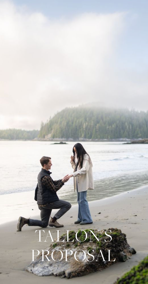 A romantic beach proposal scene with two people on a foggy Pacific Northwest coastline with text overlay reading 'Fallon's Proposal'.