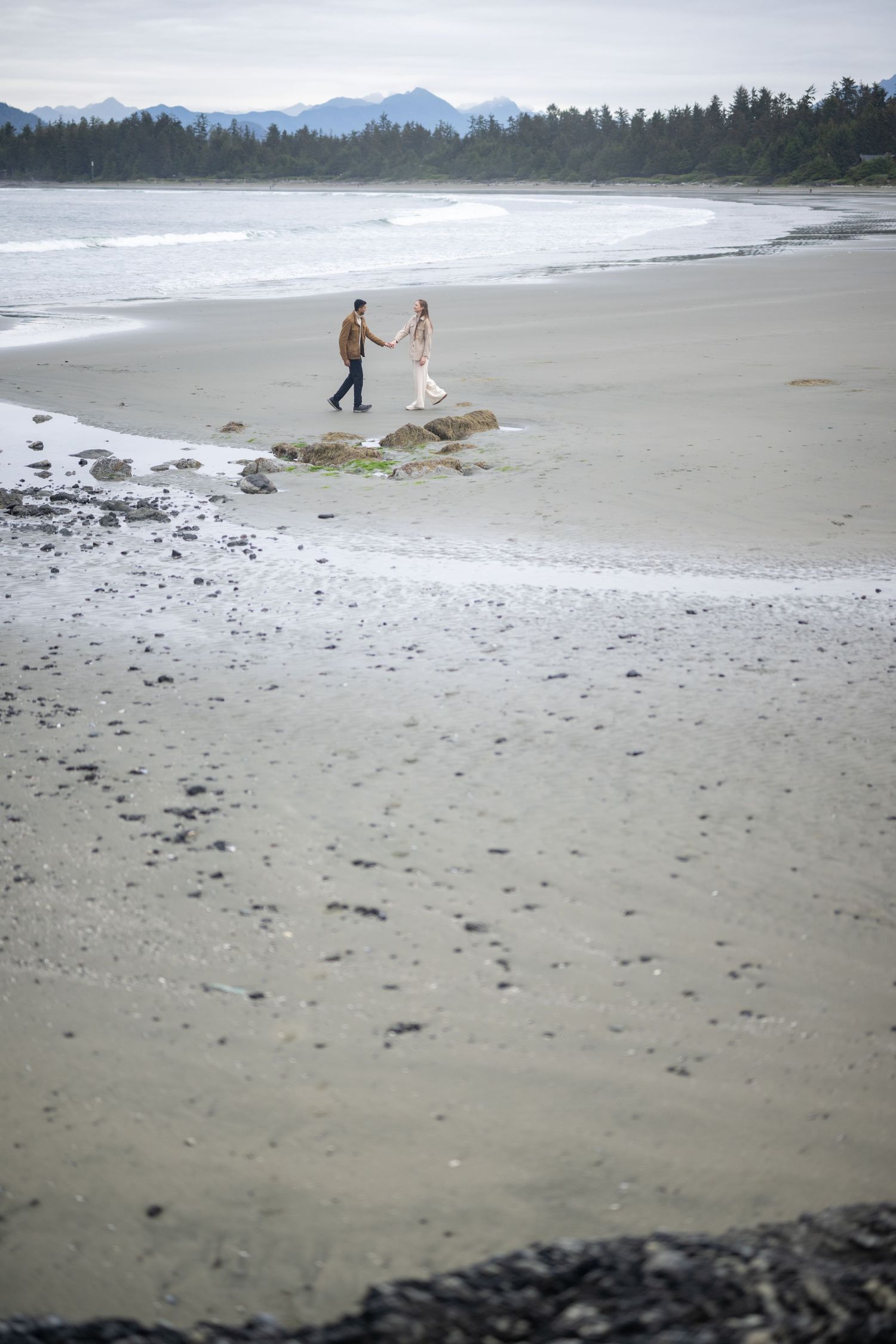 Wide angle view of a remote beach with mountains and forest in the distance.