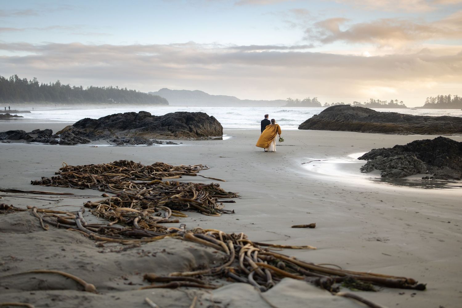 Two figures walk along a misty Pacific Northwest beach with driftwood and rocky outcrops at sunset.