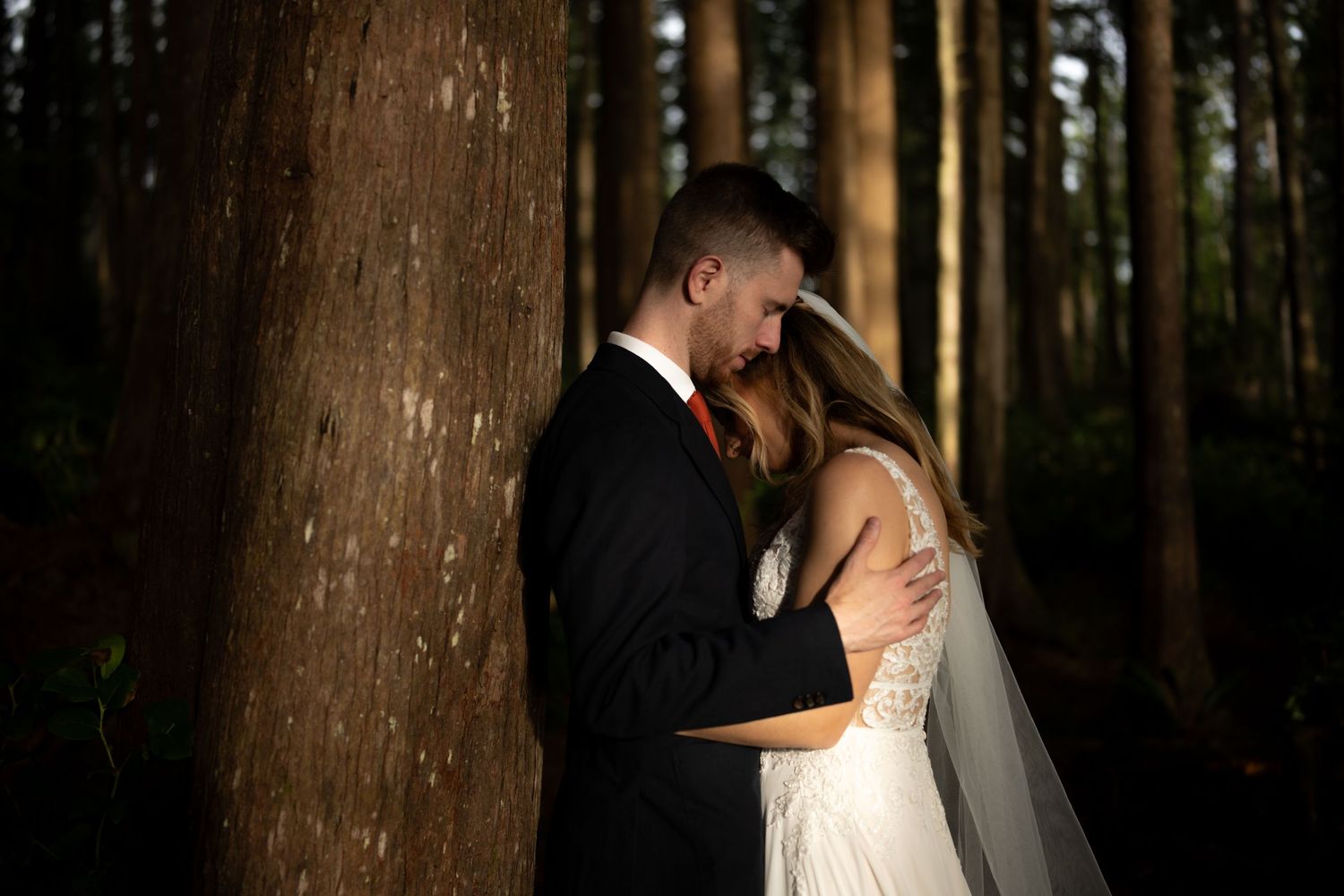 Intimate wedding moment captured between trees in shadowy forest setting.