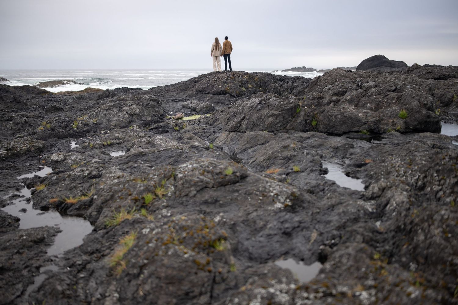 Rugged black volcanic rocks form a dramatic shoreline against a misty ocean backdrop.