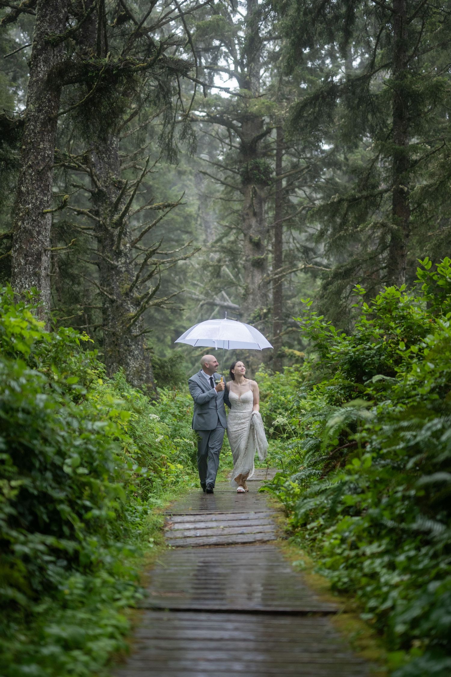 A wooden boardwalk path winds through lush green forest on a rainy day.