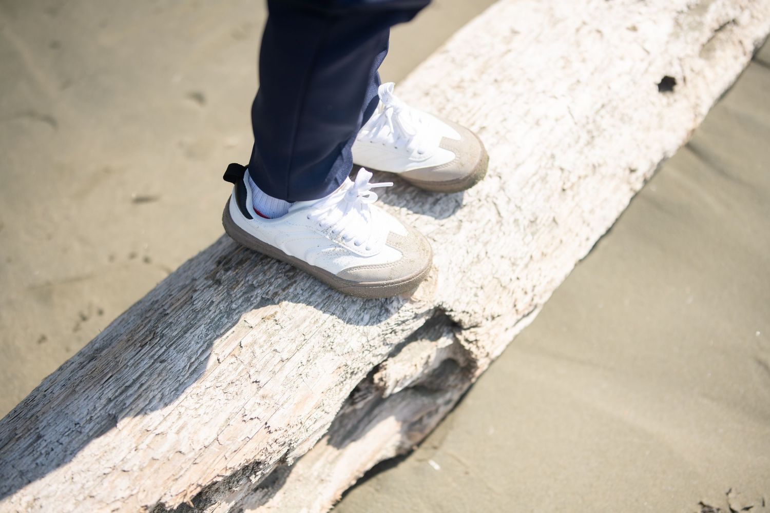 Footprints in the sand lead towards driftwood logs scattered on a scenic beach.