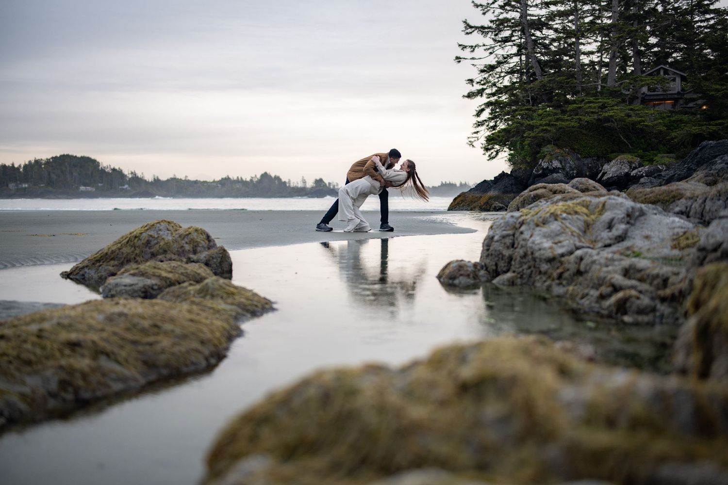 Misty coastal landscape with evergreen trees and rocky outcrops extending into the water.