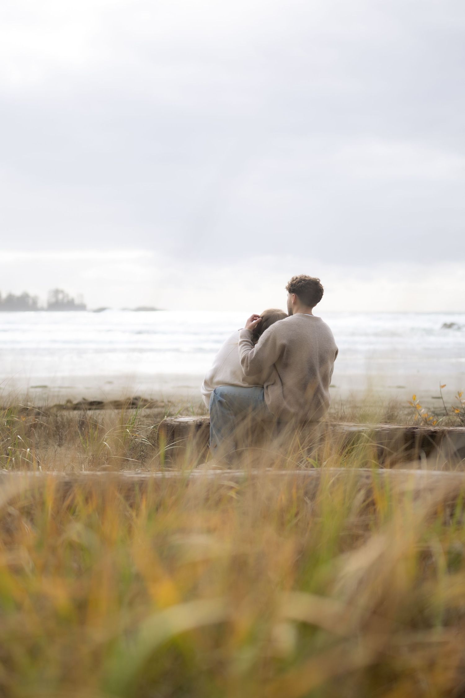 Scenic coastal view with beach grass and two people sitting on driftwood against cloudy sky.
