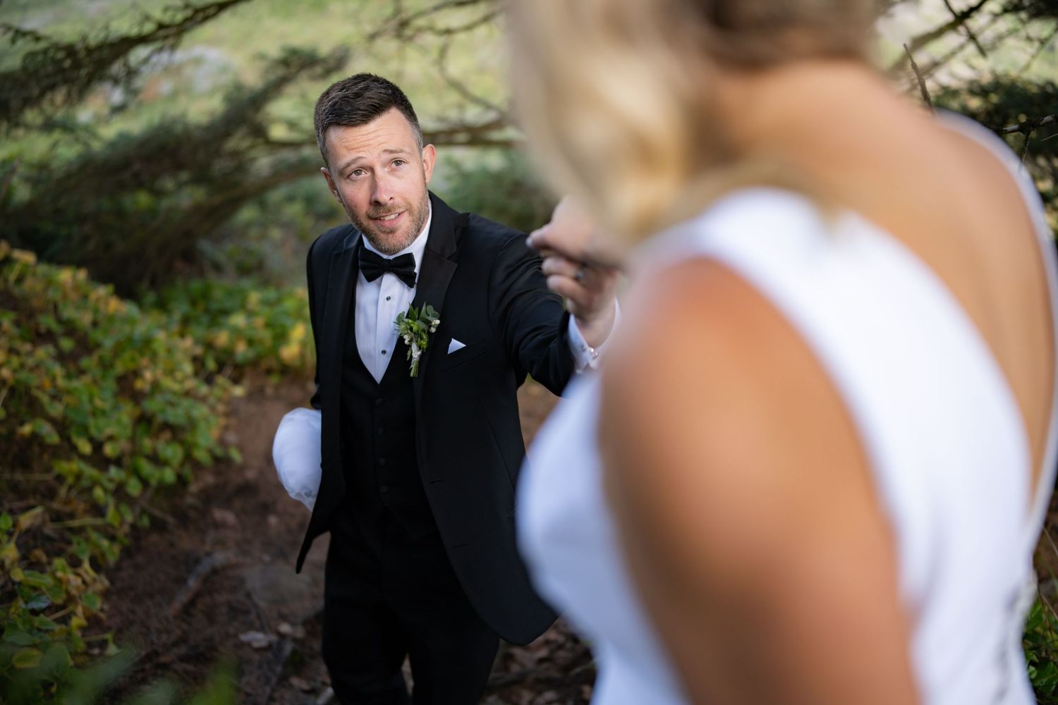 Wedding photo sequence showing playful interactions in a natural outdoor setting.