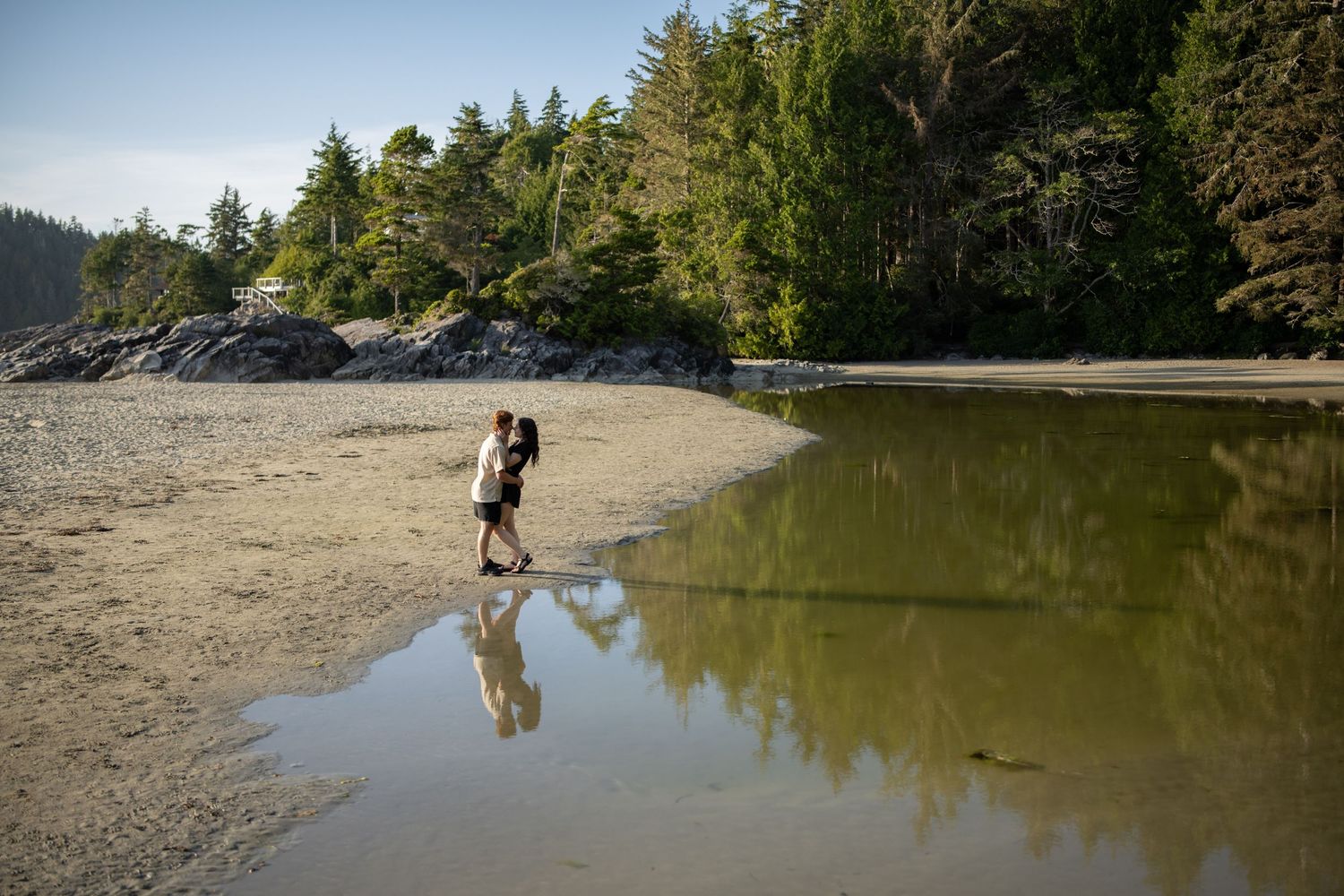 Rocky beach shoreline with tall evergreen trees and reflective water.