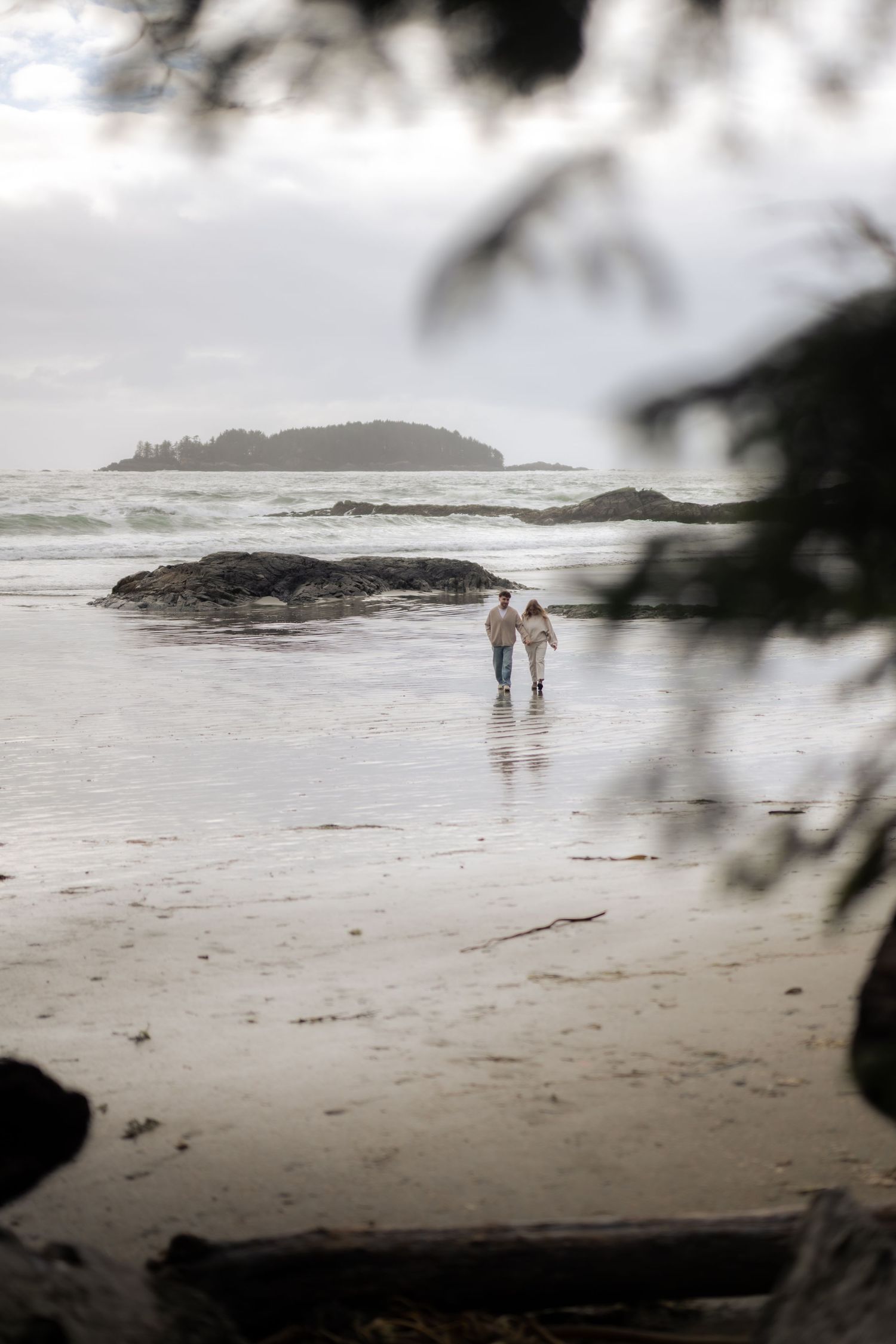 A dreamy beach scene framed by branches showing two people walking along the shoreline.