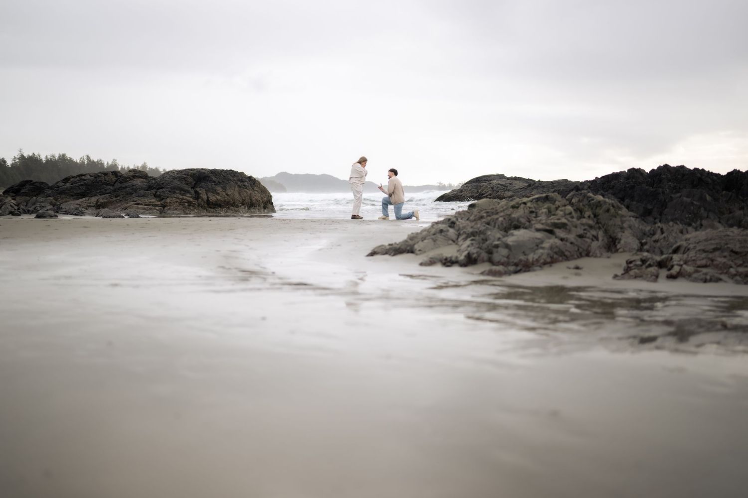 Panoramic view of a moody beach landscape with distant figures and rocky cliffs.